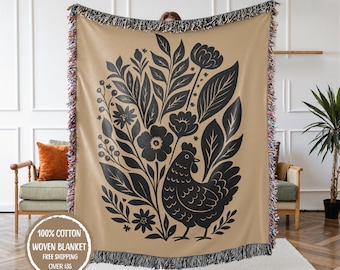 Chicken Lover Gift, Wildflower Chicken Woven Blanket for Farmhouse, Floral Throw, Gift for Mom, Sister, Grandma, Flower Blanket with Rooster