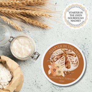 Imán de masa madre, masa madre en el horno, regalo para panaderos, regalo para hornear, imán para hacer pan, regalo para amantes de la masa madre, imán floral para la cocina