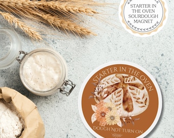 Imán de masa madre, masa madre en el horno, regalo para panaderos, regalo para hornear, imán para hacer pan, regalo para amantes de la masa madre, imán floral para la cocina