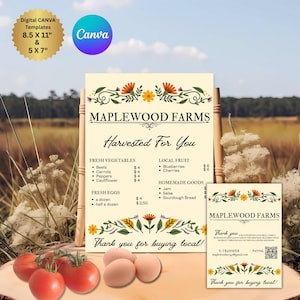 May include: A digital Canva template for a farm stand sign, featuring the text "Maplewood Farms" and "Harvested For You." The sign lists fresh vegetables, local fruit, homemade goods, and fresh eggs. The design includes floral accents and the text "Thank you for buying local!"
