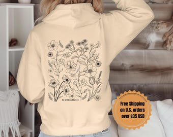 Wildflower Hoodie, Folklore Flower Cottagecore Oversized Forest Hooded Sweatshirt, Granola Girl Aesthetic Wildlife Shirt
