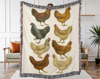 Chicken Lover Gift, Artisan Chicken Woven Blanket for Farmhouse, Farmhouse Throw, Gift for Mom, Sister, Grandma, Rustic Blanket with Rooster