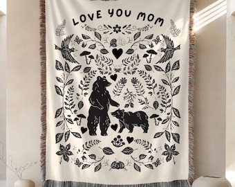 Custom Blanket for Mom, Personalized Valentines Gift for Mama Bear, Bear Cub Tapestry for Nature Lover, Woodland Throw for Grandma,