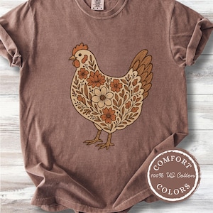 Floral Chicken Comfort Colors Tee Shirt, Farm Lover Mom T-shirt, Gift for Egg Farmer, Cottagecore Boho Flower Tshirt, Chicken Animal Graphic