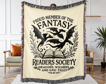 Fictional Dragon Woven Blanket, Book Lovers Gift, Fantasy Series Bookworm Blanket, Bookish Gifts for Dragon Girl, Dragon Book Nook