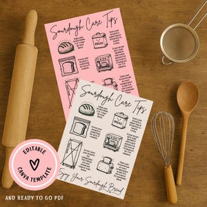 Puede incluir: Un rodillo de madera, un batidor y una cuchara se encuentran junto a dos guías rosas y blancas de "Consejos para el cuidado de la masa madre". Las guías ofrecen consejos de almacenamiento y horneado de pan, con el texto "Enjoy Your Sourdough Bread" en la parte inferior. Una pegatina redonda rosa "Editable Canva Template" está en la parte inferior izquierda.