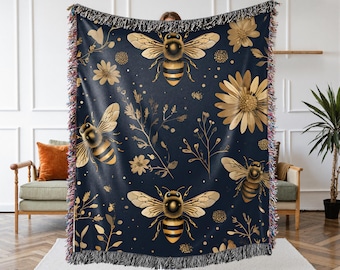 Bee Blanket, Golden Bees Woven Blanket, Farmhouse Dark Floral Throw, Apiary Gift for Beekeeper and Honey Bee Lover