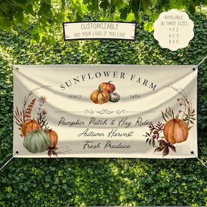 May include: A beige banner with the text "SUNFLOWER FARM" and "Pumpkin Patch & Hay Rides". It features watercolor illustrations of pumpkins and floral accents. The banner is customizable and available in three sizes: 4x2, 6x3, and 8x5.