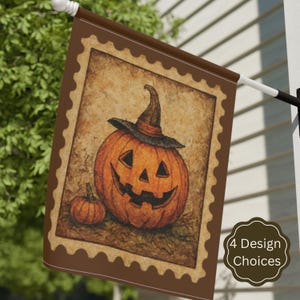 May include: A Halloween flag with an orange jack-o'-lantern wearing a witch's hat. The flag has a brown border and a smaller pumpkin. The text "4 Design Choices" is in a circular badge.
