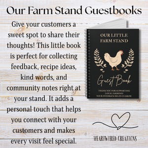May include: A black spiral-bound guestbook featuring the text OUR LITTLE FARM STAND and Guest Book with a central illustration of a chicken flanked by wheat stalks. Below the chicken, the text reads THANK YOU FOR SUPPORTING LOCAL FARMING! YOUR FEEDBACK HELPS US GROW.