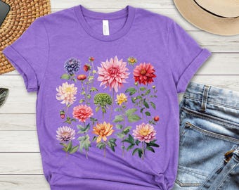 Gift for Dahlia Lover, Vintage Pressed Flowers Shirt, Boho Cottagecore Tshirt, Botanical Floral Tee, Wildflowers T-Shirt for Gardener