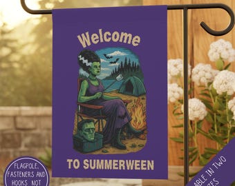 Baner ogrodowy Summerween, flaga na Halloween latem, dekoracja ogrodowa, upiorny baner letni, witamy w Summerween, Frankenstein