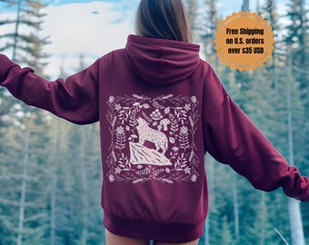 Wolf Hoodie, Woodland Hooded Sweatshirt, Linocut Wildlife Mushroom Cottagecore Oversized Forest Hoodie, Granola Girl Folklore Aesthetic
