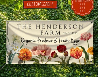 Benutzerdefinierte Farm Stand Banner, Farm frische Bio-Produkte werden hier verkauft, Bauernmarkt Verkaufsschild, personalisierte Blumen Farm Banner, Außenanzeige