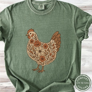 Floral Chicken Comfort Colors Tee Shirt, Farm Lover Mom T-shirt, Gift for Egg Farmer, Cottagecore Boho Flower Tshirt, Chicken Animal Graphic