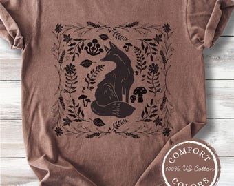 Koszulka z motywem lisa w stylu retro, Koszulka z leśnym zwierzęciem, Koszulka z linorytem i grzybem, Prezent dla miłośnika natury, Komfortowe kolory w stylu vintage, Forestcore