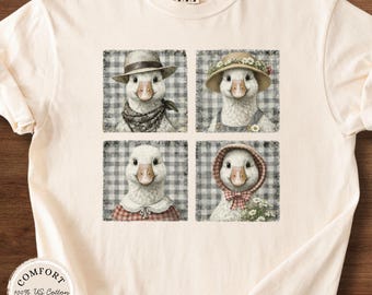 Chemise en oie de campagne, t-shirt ferme, t-shirt vintage en patchwork d'oies, vêtement mignon pour animaux de la ferme, cadeau esthétique rural confortable
