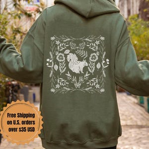 Squirrel Hoodie, Woodland Hooded Sweatshirt, Cottagecore Oversized Forest Hoodie, Granola Girl Aesthetic Floral Wildflower Hoodies