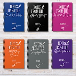 May include: A collection of spiral-bound notebooks in various colors, including blue, black, and pink. Each notebook features the text "NOTES FROM THE" followed by a unique title and a name, such as "Voice Of Reason" and "Bruce."