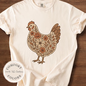 Floral Chicken Comfort Colors Tee Shirt, Farm Lover Mom T-shirt, Gift for Egg Farmer, Cottagecore Boho Flower Tshirt, Chicken Animal Graphic