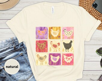 Boho roze kip raster shirt, aquarel retro boerderij T-shirt, cadeau voor kippenliefhebber, kip mama T-shirt, boerderij patchwork ontwerp, cws22