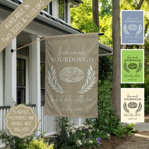 Bandera personalizable de pan de masa madre, bandera de productos horneados caseros, letrero de mercado de agricultores, bandera de jardín hecha con amor, tienda personalizada para pequeñas empresas