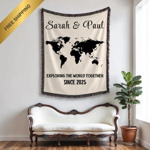 Manta personalizada para regalar a una pareja comprometida, regalo de boda, regalo de aniversario para novia, esposa o esposo, tapiz personalizado con mapa del mundo de viaje.