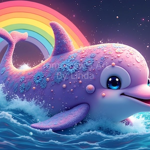 May include: A pink and purple dolphin with floral details swims through blue water with a rainbow in the background.