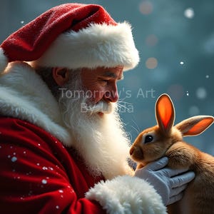 Puede incluir: Santa Claus, con un traje rojo, barba y gorro blancos, sostiene un conejo marrón en sus brazos. El conejo tiene orejas largas y mira a Santa. El fondo es un bosque nevado con luces de Navidad.