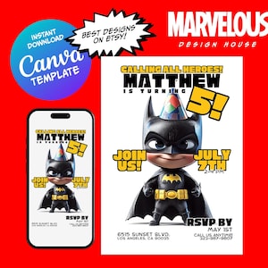 May include: A printable invitation for a 5th birthday party featuring a cartoon baby dressed as Batman. The invitation is decorated with yellow and black colors and includes the text "Calling all heroes! Matthew is turning 5!" and "Join us! July 7th 2-4 PM".