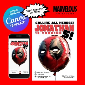 Deadpool Invitation, Superhero Bday Party, Deadpool Birthday Invite, Digital Download File, Deadpool, Avengers, Party Template
