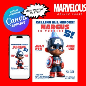 Captain America Birthday Invitation Template, Captain America Theme Party, Captain America Digital Invitation, Captain America Party Invite
