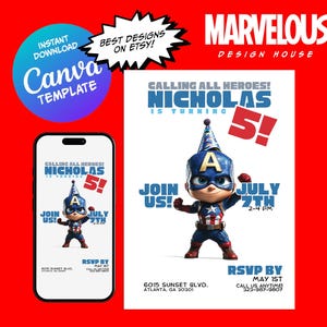 Captain America Birthday Invitation Template, Captain America Theme Party, Captain America Digital Invitation, Captain America Party Invite