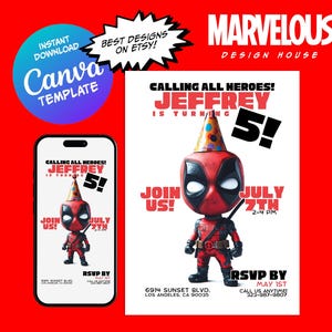 Deadpool Invitation, Superhero Bday Party, Deadpool Birthday Invite, Digital Download File, Deadpool, Avengers, Party Template