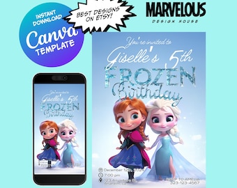 Frozen verjaardagsuitnodiging Frozen uitnodiging prinses Elsa Anna feestuitnodiging meisje Frozen verjaardagsuitnodiging thema BEWERKBARE Digital Instant