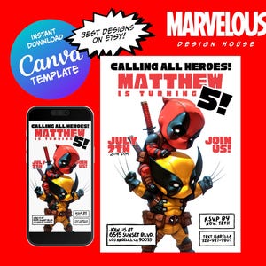 Deadpool Wolverine-uitnodiging, superheld verjaardagsfeestje, Deadpool Wolverine verjaardagsuitnodiging, digitale download, Deadpool Wolverine-feestsjabloon