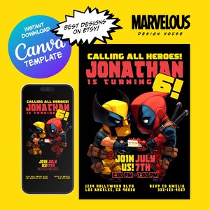 Deadpool Wolverine Invitation, Superhero Bday Party, Deadpool Wolverine Birthday Invite, Digital Download, Deadpool Wolverine Party Template
