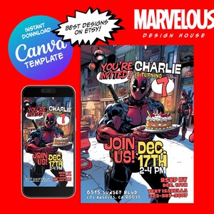 Deadpool Invitation, Superhero Bday Party, Deadpool Birthday Invite, Digital Download File, Deadpool, Avengers, Party Template