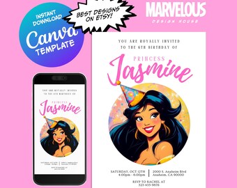 Uitnodiging voor verjaardagsfeestje prinses Jasmine | Bewerkbare digitale sjabloon | Direct downloaden | Uitnodiging voor verjaardagsfeestje meisje | Uitnodiging prinses Jasmine