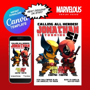Deadpool Wolverine Invitation, Superhero Bday Party, Deadpool Wolverine Birthday Invite, Digital Download, Deadpool Wolverine Party Template
