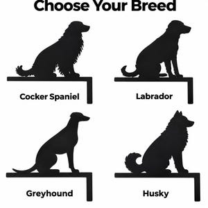 Könnte beinhalten: Ein Set aus schwarzem Metalldekor für die Wand mit vier Hundesilhouetten: Cocker Spaniel, Labrador, Greyhound und Husky. Jede Figur sitzt auf einer L-förmigen Halterung. Der Text "Choose Your Breed" steht oben, mit den Rassenamen unter den Silhouetten.