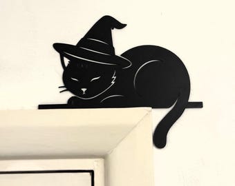 Adorno de puerta con forma de gato bruja - Adorno de puerta con forma de gato mago - Decoración de pared de gato negro - Decoración de marco de puerta espeluznante - Decoración gótica para el hogar