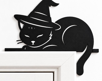 Witch Cat Door Topper, Halloween Black Cat Decor, Wizard Cat Door Hanger, Spooky Cat Wall Decor, Gothic Halloween Home Gift