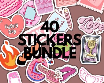 Pink Sticker Bundle | Girly Journaling PNGs (40 Files, PDF Included)