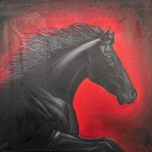 Peinture à l'huile sur toile de cheval noir, peinture de cheval faite main - art équestre, peinture de cheval noir sauvage - rustique, encadré, 15,74 x 15,74 inc