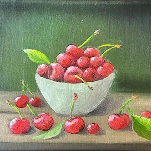 Fruit Art,Cherry Oil Painting,Red Cherry Wall Art,Original Oil Painting on Canvas,Cherry Oil Painting,Realistic Fruit Artwork ,Home Decor