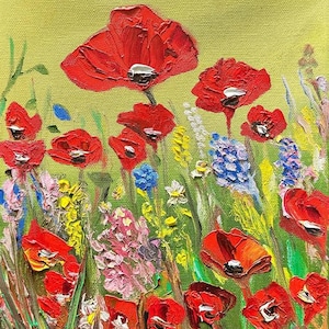 Peinture à l'huile de pavot rouge, peinture faite main de fleur de pavot, art de toile de pavot rouge, peinture de mini fleur de pavot, art de mur de toile, peinture de fleur