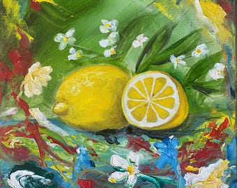 レモンの絵画オリジナルアート静物油絵、フルーツの壁アート、キッチン