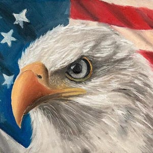 Aigle et drapeau américain - peinture à l'huile encadrée, art patriotique de l'aigle - peinture à l'huile sur toile, portrait symbolique d'aigle - oeuvre d'art à l'huile 7,9 x 9,8 pouces