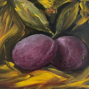Peinture à l'huile de prune sur toile, oeuvre d'art peinte à la main de prune, petite toile à l'huile de prune, art mural original de fruit de prune, oeuvre d'art sur toile, huile sur toile